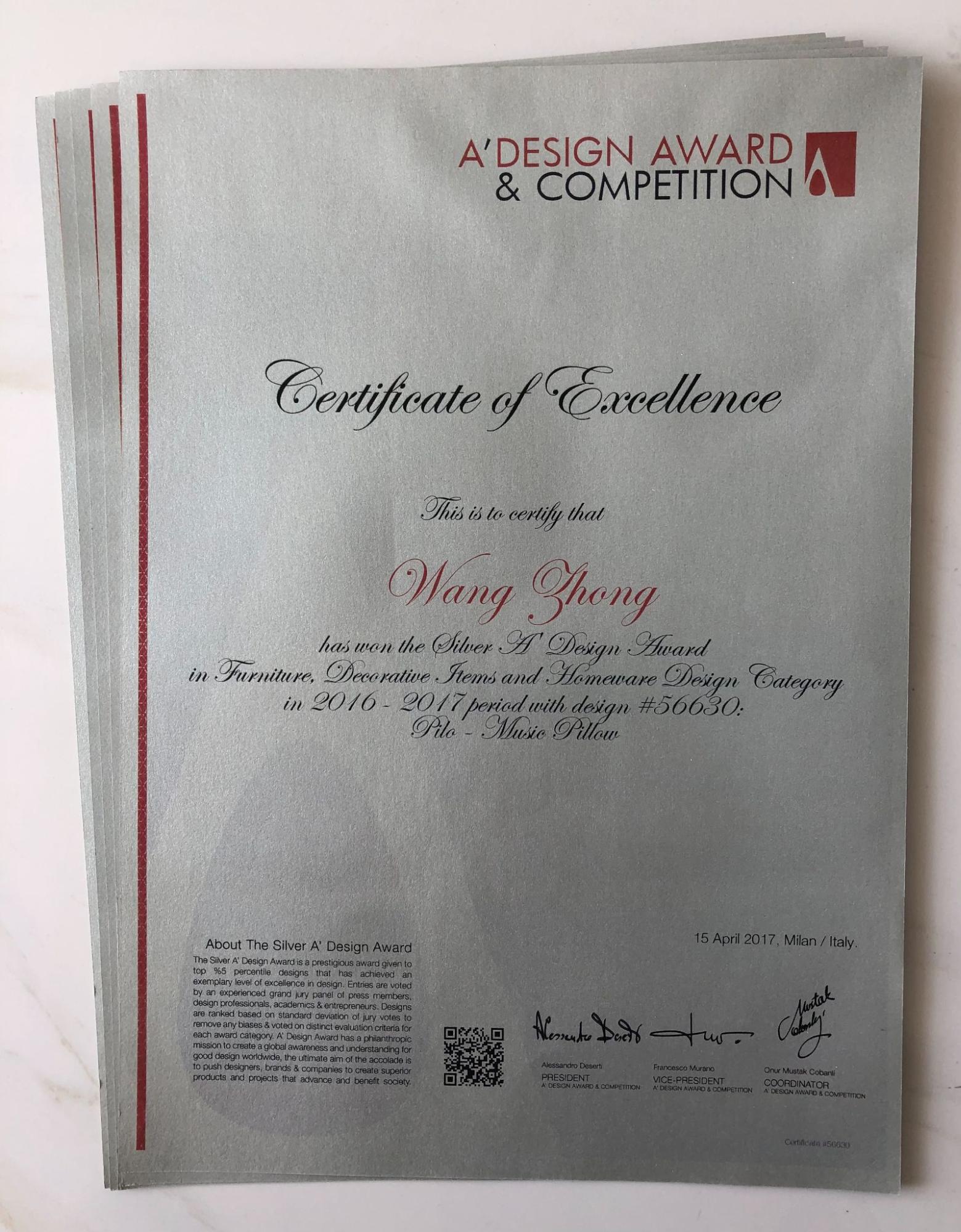 A' Design Award Silver certificate for PILO®